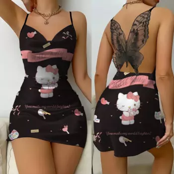 Домашняя ночная рубашка для девочек серии Sanrio с принтом hellokitty Милая атласная весенне-летняя юбка-бабочка бедра