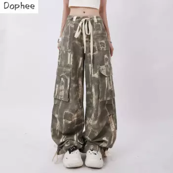 Dophee новые осенние брюки-карго армейского зеленого цвета подходящие ко всему повседневные брюки с широкими штанинами и широкими карманами длинные брюки до пола