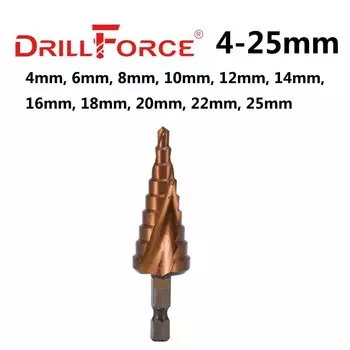 DRILLFORCE Ступенчатое сверло M35 5% кобальт 3-12/3-14/4-12-20/4-22/4-25/4-32/5-21/5-27/6-24 мм