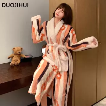 DUOJIHUI полосатый цветочный принт свободная простая женская ночная рубашка зимняя плотная теплая шикарная фланелевая с длинными рукавами модная женская одежда для сна