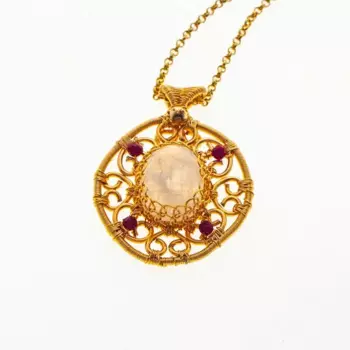 Дворец ручной лунного камня из желтого золота 14K золото тон вязать кулон классический природным драгоценным камнем проволочный тканый вышитое бисером длинное ожерелье для женщин, хорошее ювелирное изделие