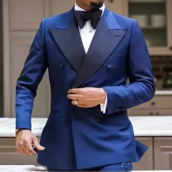 Двубортные свадебные смокинги Slim Fit Мужские костюмы Жених Темно-синие мужские пиджаки Тонкий костюм из 2 предметов (куртка + брюки)