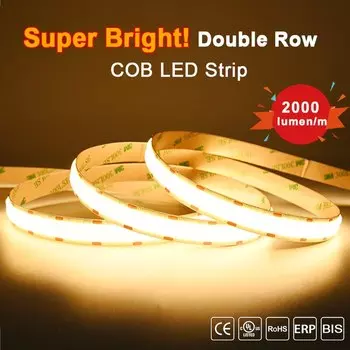 Двухрядная гибкая светодиодная лента COB, 2000 лм/м, супер яркая, высокая плотность, 600 светодиодов/м, RA90 3000K, 4000K, 6500K, 24 В, светодиодные фонари с регулируемой яркостью