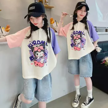 Джинсовый костюм Sanrio Kuromi с коротким рукавом, Модный повседневный комплект с аниме рисунком, летний детский топ и низ