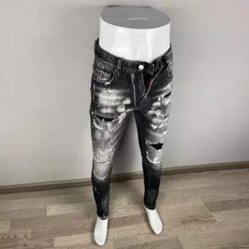 Джинсы мужские рваные эластичные в стиле ретро, модные штаны Slim Fit с дырками, дизайнерские Брендовые брюки с рисунком в стиле хип-хоп, Черные Серые