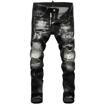 Джинсы мужские рваные эластичные в стиле ретро, модные штаны Slim Fit с дырками, дизайнерские Брендовые брюки с рисунком в стиле хип-хоп, Черные Серые
