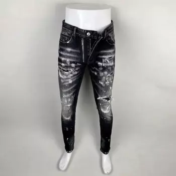 Джинсы мужские Стрейчевые в стиле ретро, модные рваные джинсы Slim Fit с заплатками, дизайнерские Брендовые брюки с рисунком в стиле хип-хоп, Черные Серые