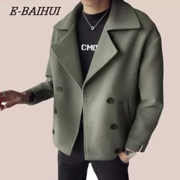 E-BAIHUI мужское короткое стильное пальто-тренч в британском стиле двубортное пальто с лацканами черный зеленый повседневная повседневная верхняя одежда с прямым подолом
