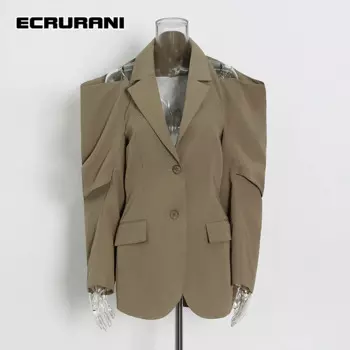 ECRURANI элегантные куртки с вырезами для женщин с отложным воротником с длинным рукавом Присборенная Талия повседневные блейзеры для женщин модная одежда 2022 стиль