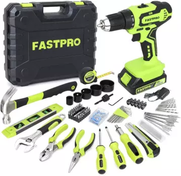 FASTPRO 173 шт., 20 В, аккумуляторная литий-ионная дрель и набор домашних инструментов, бытовой ремонтный комплект с футляром для хранения, зеленый
