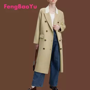 Fengbaoyu осенне-зимнее шерстяное женское пальто винтажное двустороннее кашемировое шерстяное пальто с воротником высокой длины