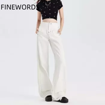 FINEWORDS 2024, винтажные повседневные широкие белые джинсы, женские корейские мешковатые джинсы с высокой талией, свободные прямые джинсы полной длины