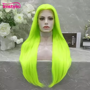 Флуоресцентный зеленый парик Imstyle, длинный синтетический парик на сетке спереди, прямой парик на сетке T-Part, термостойкие Искусственные парики из волокна для женщин