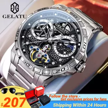 GELATU TOP Автоматические механические мужские часы 24-часовой хронограф с фазой Луны Водонепроницаемые оригинальные мужские наручные часы со скелетом