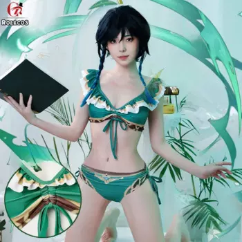 Genshin Impact Косплей Костюм Венди Купальники Зеленый Сплит Купальник Сексуальные Женщины Плавательные Костюмы Хэллоуин Косплей Одежда Для Ролевых Игр