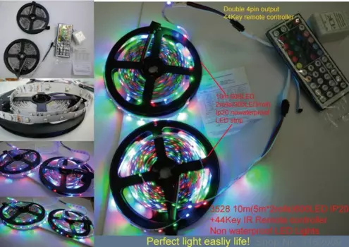 Гибсветильник Светодиодная лента 3528 RGB, 5 шт. * 10 м, неводостойкая, 12 В постоянного тока, 600 светодиодов (300 светодиодов, 5 м/рулон * 2 рулона) + 44 клавиши, ИК-контроллер, яркий комплект