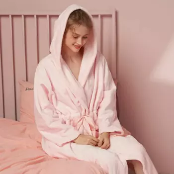 Халат-кимоно Женский фланелевый с капюшоном, свободная Повседневная Ночная рубашка, домашняя одежда, розовый цвет, Осень-зима