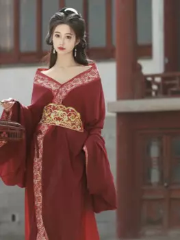 Hanfu женский красный, розовый, черный перекрестный воротник со шлейфом Warring States халат платье с вышивкой традиционное китайское платье