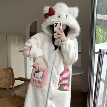 Hello Kitty женская зимняя ночная рубашка из кораллового флиса, новый милый мультяшный толстый теплый домашний костюм с капюшоном, комплект корейского стиля, кавайный ночной халат