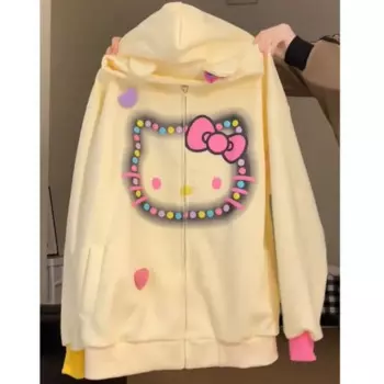 Hello Kitty женский осенний новый модный кардиган с капюшоном и принтом милый милый Y2k толстовка с капюшоном для девочек в студенческом стиле свободное универсальное пальто на молнии