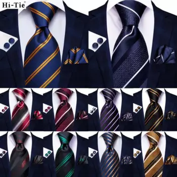 Hi-Tie дизайнерский темно-синий полосатый Шелковый Свадебный галстук для мужчин модный подарок мужской галстук Hanky запонки Бизнес вечерние Прямая поставка