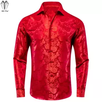 Hi-Tie красная бордовая розовая фиолетовая шелковая тканая Мужская рубашка с длинными рукавами, цветочный рисунок Пейсли, однотонная тонкая модная блузка для свадьбы