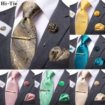 Hi-Tie Желтый Синий однотонный деловой галстук для мужчин Шелковый Мужской зажим для галстука бутоньерка Hanky запонки набор подарок для мужчин роскошный галстук