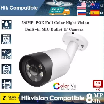 Hikvision совместимая с 4K 8MP цветная Ночная камера красочная 5MP безопасность со встроенным микрофоном CCTV PoE полноцветная цилиндрическая IP-камера ColorVu