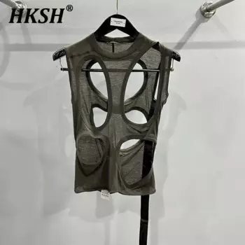 HKSH Лето Новый Женский Темный Нишевый Жилет Шикарная Уличная Одежда Мужской Панк Персонализированный Модный Дизайн Отверстий Накладные Майки HK1965