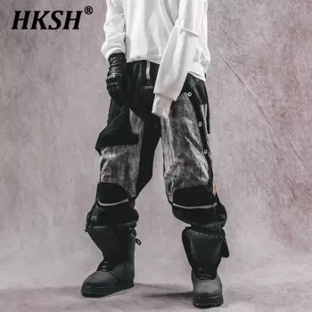 HKSH мужские шикарные панк-комбинезоны с 3D сращиванием и деконструировкой, винтажные леггинсы для отходов с большими карманами, темные брюки-карго HK0812