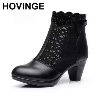 HOVINGE; Сезон весна-лето; Летние женские туфли сандалии на шнуровке из натуральной кожи с закругленным носком ботильоны на толстом каблуке Большие Размеры туфли модные пляжные сандалии