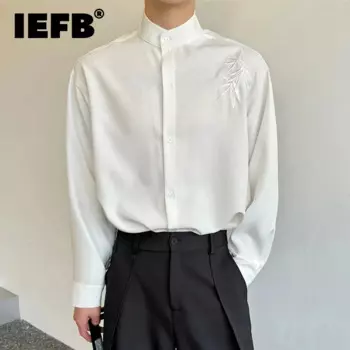 IEFB Новый китайский стиль воротник-стойка вышитая драпировка рубашка однотонный мужской топ с длинным рукавом Осенняя Стильная мужская одежда 9C7187