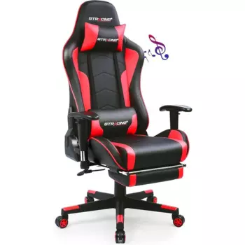 Игровой стул с подставкой для ног, мощный эргономичный компьютерный стул красного цвета для видеоигр, музыки через Bluetooth, для офиса