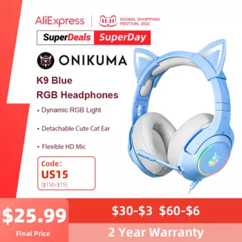 Игровые наушники ONIKUMA K9 синего цвета с динамической RGB-подсветкой, выдвижной микрофон, гарнитура для ПК, игровые наушники