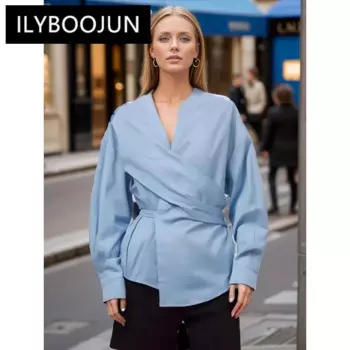 ILYBOOJUN однотонная Асимметричная шикарная блузка для женщин с V-образным вырезом и длинным рукавом туника тонкие Асимметричные рубашки женские модные стильные новые
