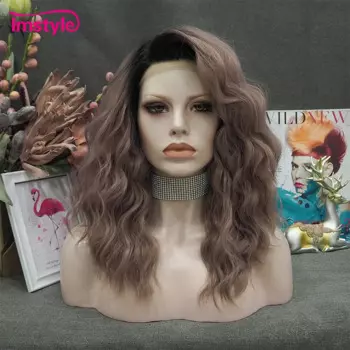 Imstyle короткий синтетический кружевной передний парик фиолетовые розовые смешанные волнистые термостойкие волоконные повседневные кружевные парики для женщин 16 дюймов