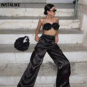 InstaLike-2-Piece Укороченные Топы для женщин, широкие брюки, бюстгальтер с черными цветами, офисная одежда, Корейская элегантная уличная одежда, 2024 г.