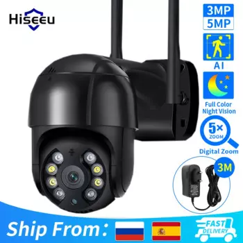 IP-камера наружная Hiseeu, 8 Мп, PTZ, Wi-Fi, цифровой зум 5X, ночное видение, 3 Мп, 5 Мп, беспроводная камера видеонаблюдения, iCsee P2P
