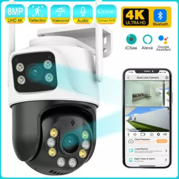 IP-камера с двойным объективом, 4K, 8 Мп, PTZ, Wi-Fi, ИИ-датчик присутствия, автоматическое отслеживание, беспроводная уличная камера видеонаблюдения, iCSee 2K