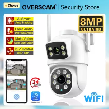 IP-камера с двойным объективом, 4K, 8 Мп, PTZ, Wi-Fi, 4 МП