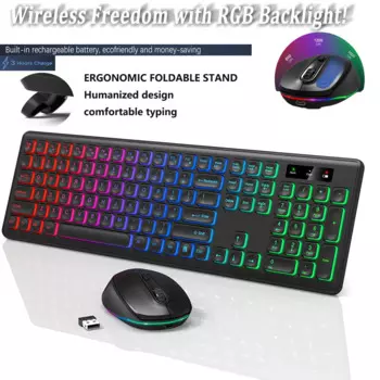 Изящная перезаряжаемая беспроводная клавиатура и мышь с красочной RGB-подсветкой и длительным сроком службы батареи для дома и офиса