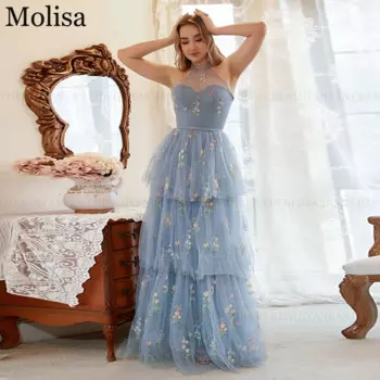 Изысканное вечернее платье MOLISA 2024 с цветочной вышивкой для выпускного вечера ТРАПЕЦИЕВИДНОЕ ПЛАТЬЕ С Лямкой на шее серое синее в несколько рядов искусственное платье без рукавов длиной до пола
