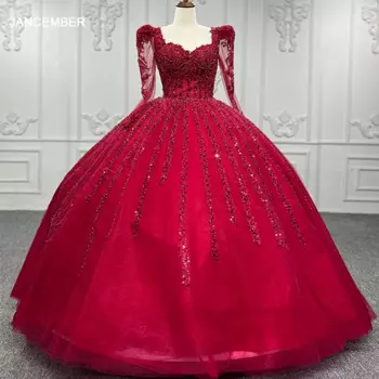 Jancember Modern 2024, красное платье Quinceanera, расшитое бисером, органза, расшитое блестками, бальное платье с длинными рукавами, вечернее платье, платья de noite
