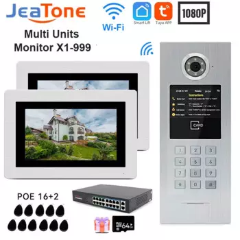 Jeatone Новый комплект видеодомофона POE, мультиблоки, квартира, сенсорный монитор 1080P, дверной звонок, система контроля доступа для виллы, квартиры