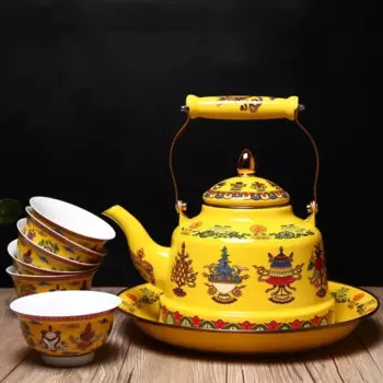 Эмалированный чайник с керамической ручкой, тибетский желтый чайник на удачу для плиты/индукционной плиты, горячая вода, без свистка, 2,4 л