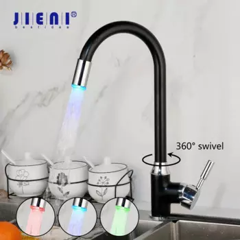JIENI 360 Поворотный Латунь светодиодный Кухня Смесители для ванной комнаты torneira Banheiro горячей и холодной воды вращающийся ролик из сажевого полированная Кухня воды смеситель раковины раковина кран