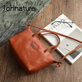 Johnature винтажная женская сумка из мягкой натуральной коровьей кожи, новинка 2024, разноцветные универсальные сумки на плечо, простая сумка-мессенджер