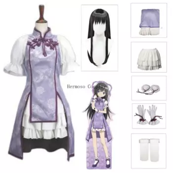 Юбка для косплея Akemi Homura аниме Волшебная девушка Puella Magi косплей костюм прекрасный Чонсам парик костюм Хэллоуин костюмы для женщин