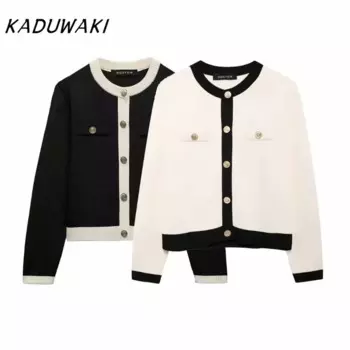 KADUWAKI Модный вязаный кардиган с круглым вырезом и длинными рукавами с золотыми пуговицами Шикарные универсальные свободные куртки с блокировкой цветов Weel