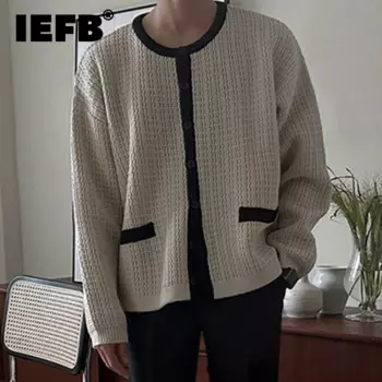 Кардиган IEFB мужской повседневный, однобортный вязаный свободный свитер контрастных цветов с круглым вырезом, 9C7995 в Корейском стиле